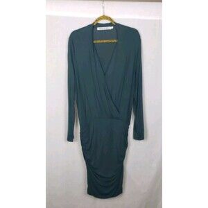 Michael Stars Dress L Hunter Green Faux Wrap Ruched Sides Casual Workwear Classy